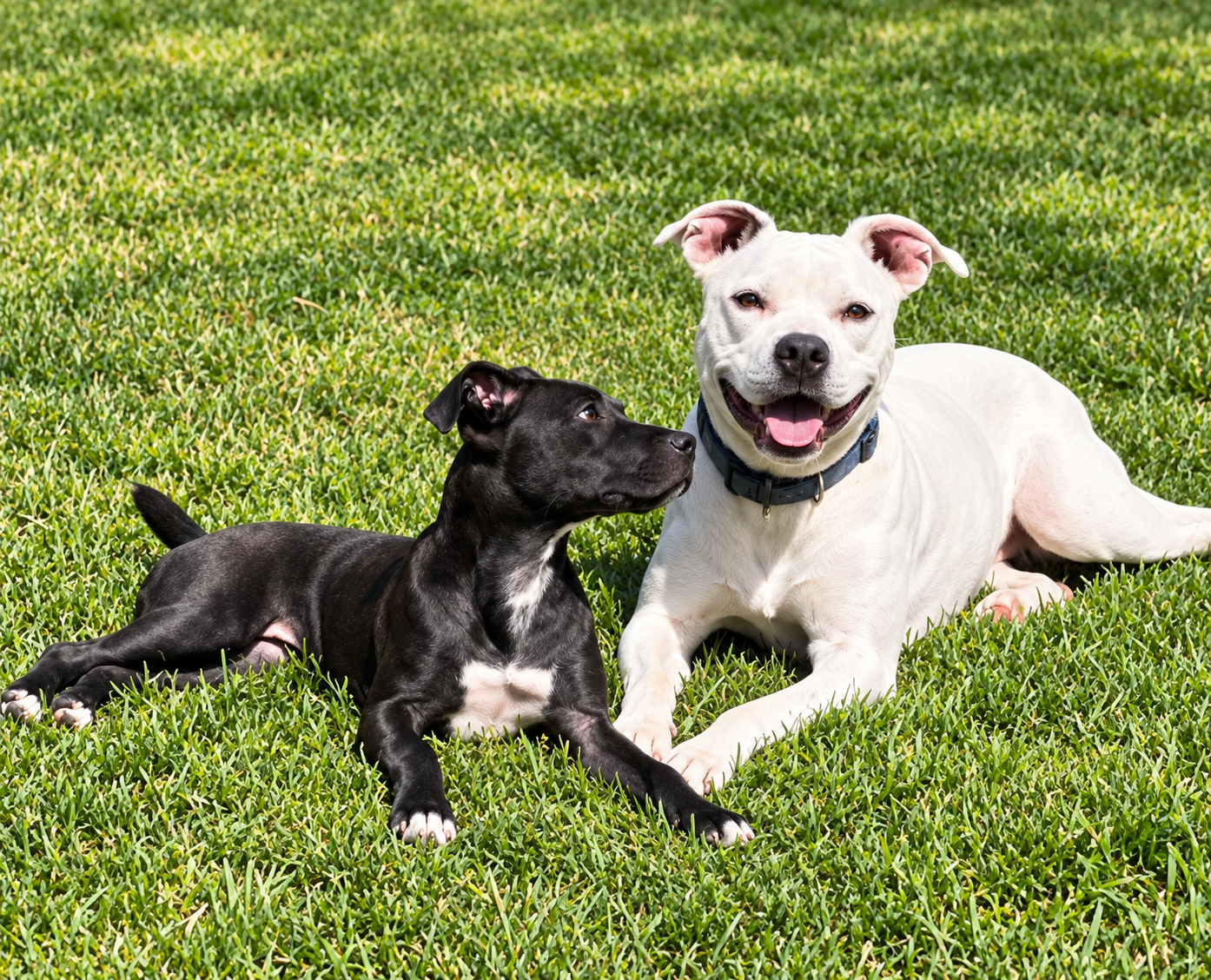 Two dogs relaxing on a clean lawn for residential pet waste removal.