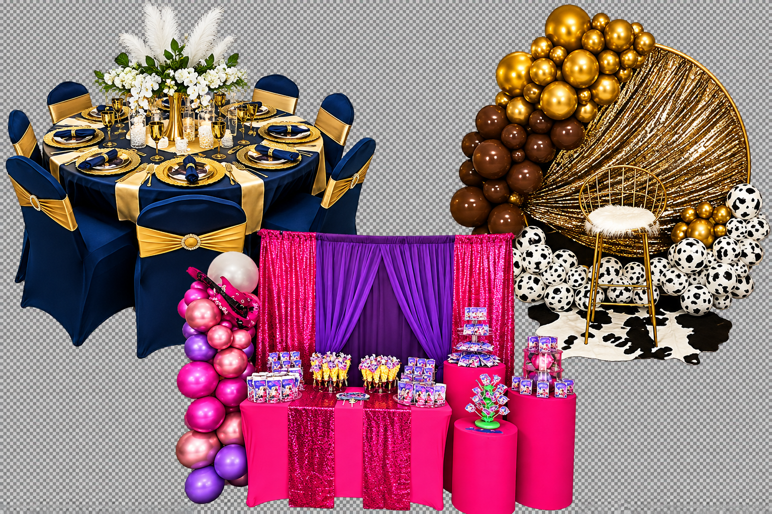 A colorful birthday party setup featuring a decorated table with blue and gold accents, a balloon display with gold, brown, pink, and purple balloons, and a dessert table with pink, purple, and glittery decorations and treats.