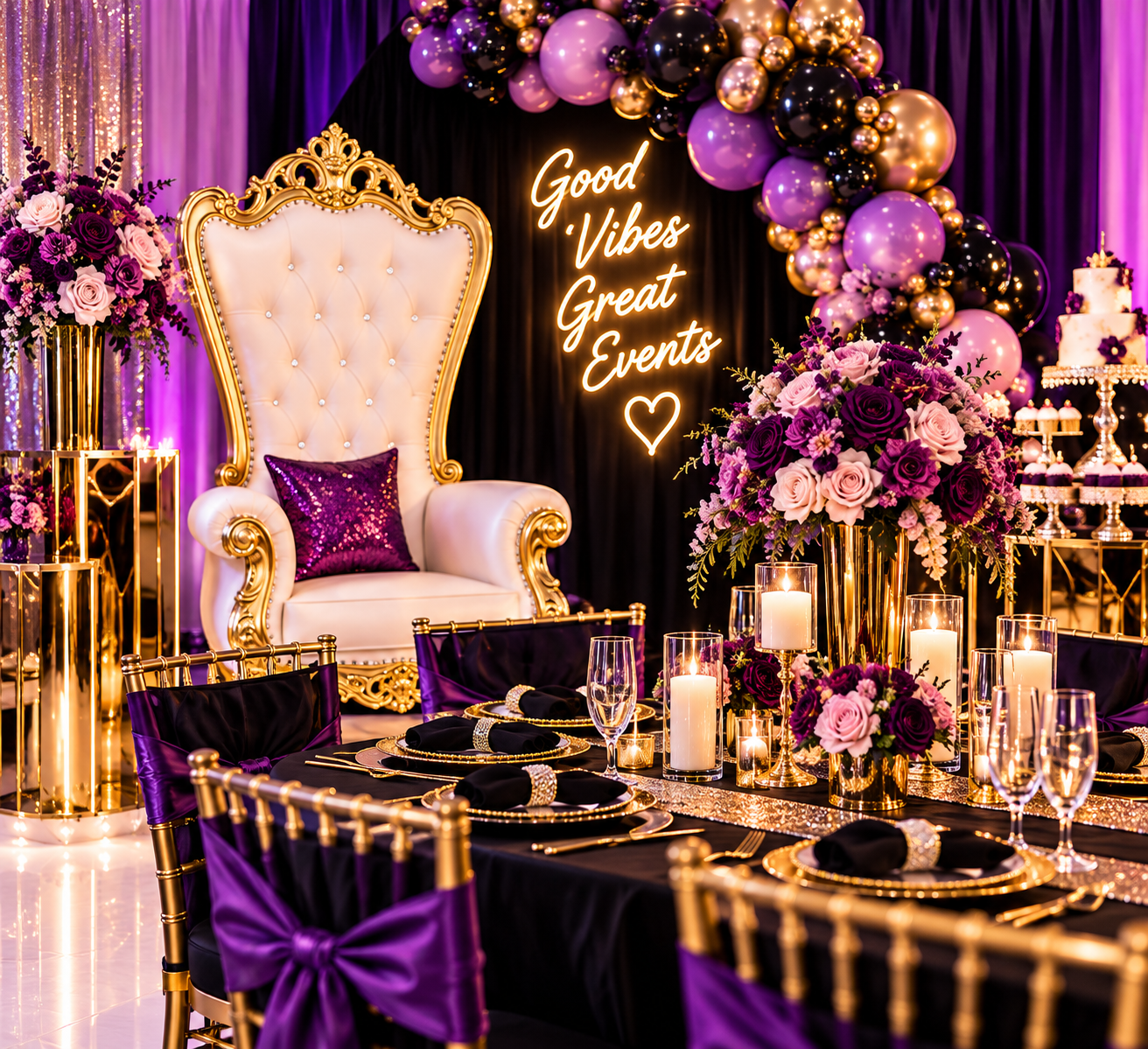 Decorated event table with purple and gold theme, including a white ornate throne chair, colorful floral arrangements, candles, candles, purple and black balloons, and neon sign reading 'Good Vibes Great Events' with a heart symbol.