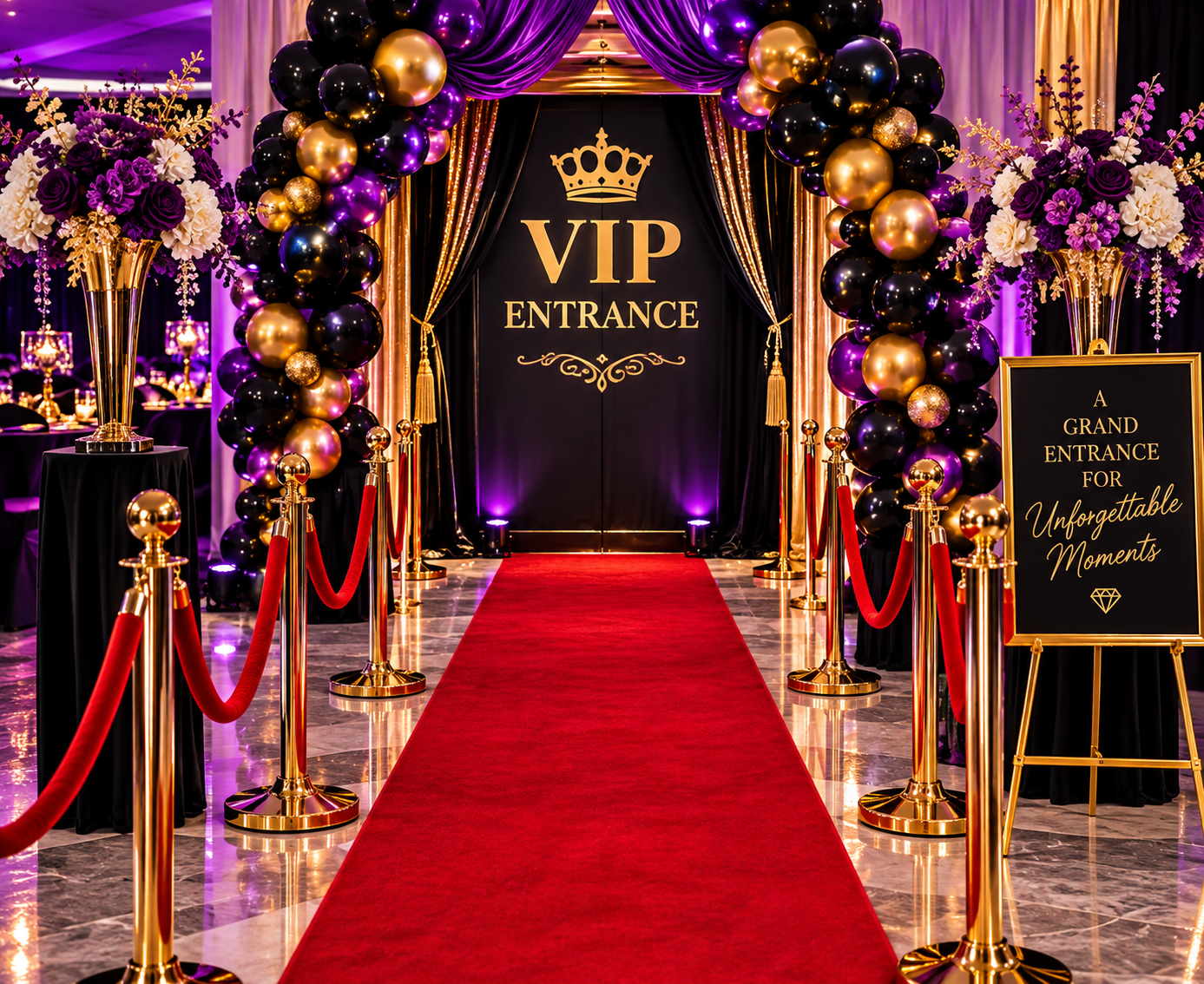 A luxurious VIP entrance decorated with a red carpet, gold stanchions with red velvet ropes, purple and black balloons, and floral arrangements with purple and white flowers. There is a black backdrop with a gold crown and the words 'VIP Entrance,' and a sign that reads 'A grand entrance for unforgettable moments.' The setting is elegant with purple and gold lighting.