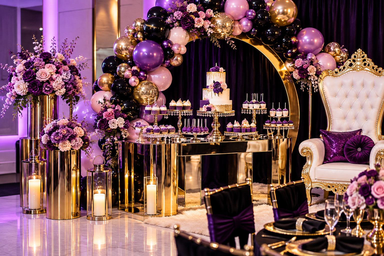 Elegant dessert table with purple, pink, black, and gold accents. Includes floral arrangements, balloons, a tiered cake, and cupcakes. Gold furniture and a gold-framed mirror with purple curtains in the background.