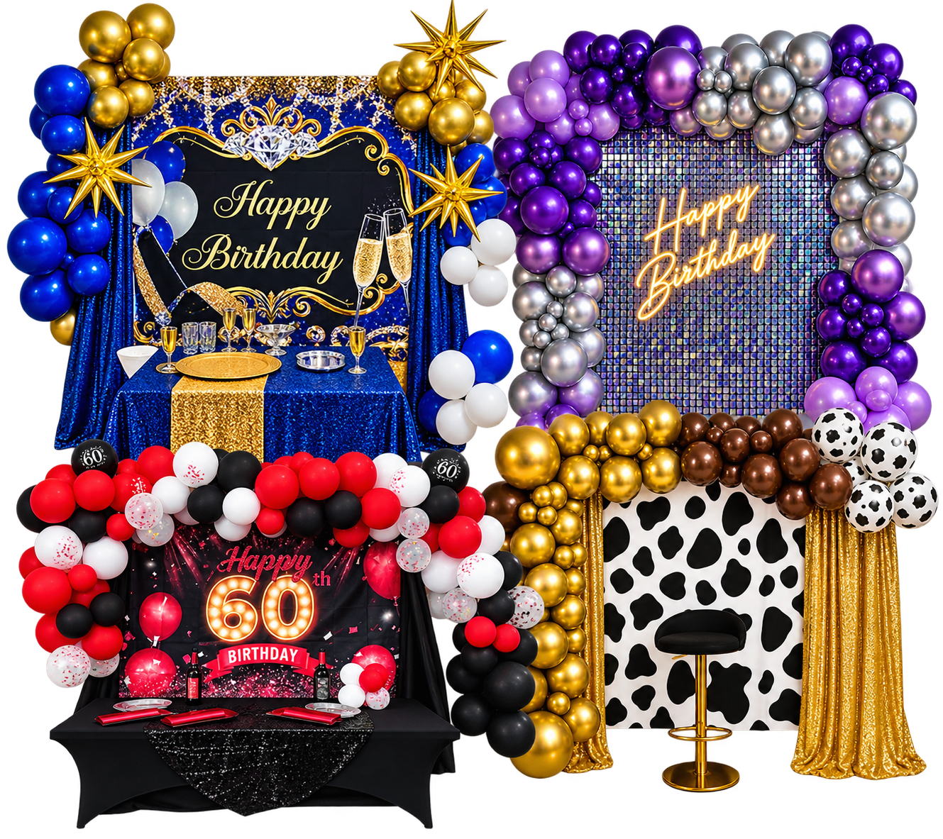 Colorful birthday decoration with balloons, banners, tables, and a photo booth setup for a 60th birthday celebration.