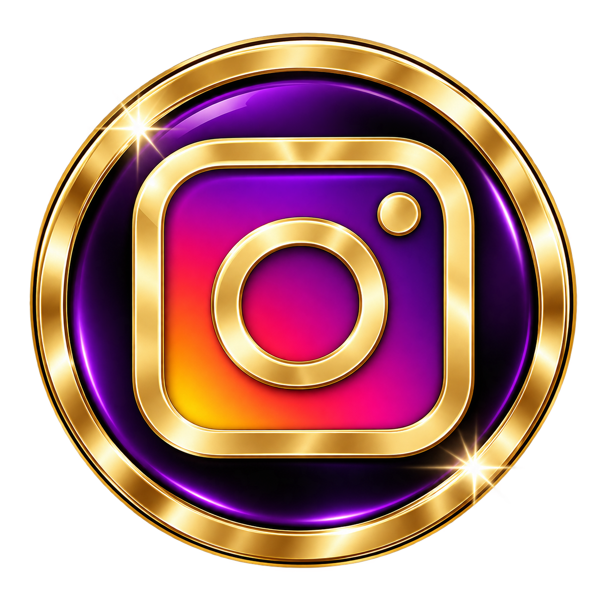 A shiny, gold-bordered Instagram logo with a purple and pink gradient background.
