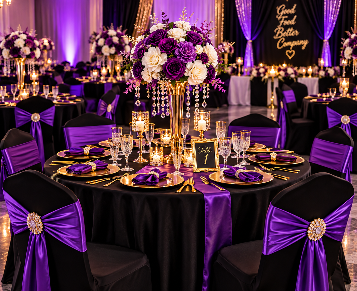 Elegant banquet hall decorated for a formal event with black tablecloths, purple satin sashes on black chairs with jeweled embellishments, and tall floral centerpieces featuring purple and white roses with crystal decorations, surrounded by candles and golden tableware.