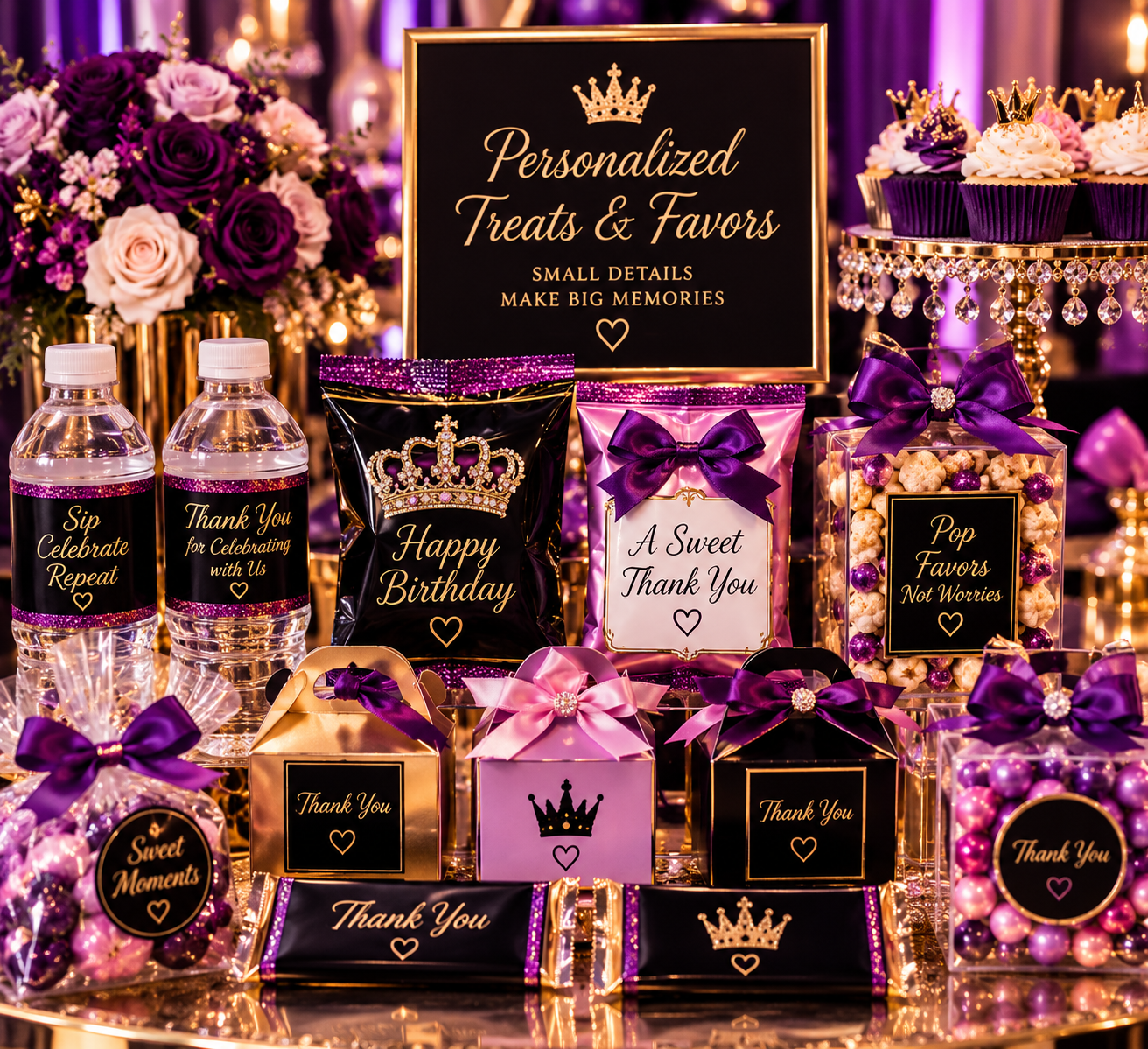 Decorative display of personalized treats and favors with purple, black, and gold accents, including cups, popcorn, thank you boxes, and cupcake wrappers, all adorned with bows and crowns, set against a backdrop of purple and white roses and a sign that reads 'Personalized Treats & Favors Small Details Make Big Memories'.