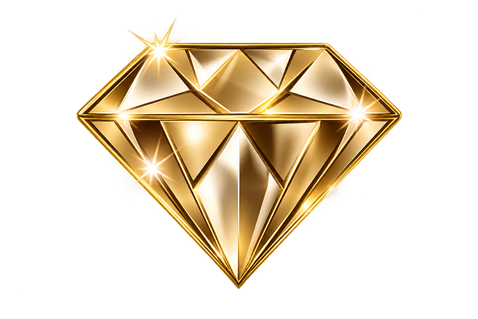 A gold, diamond-shaped geometric illustration with reflective surfaces and sparkling highlights.