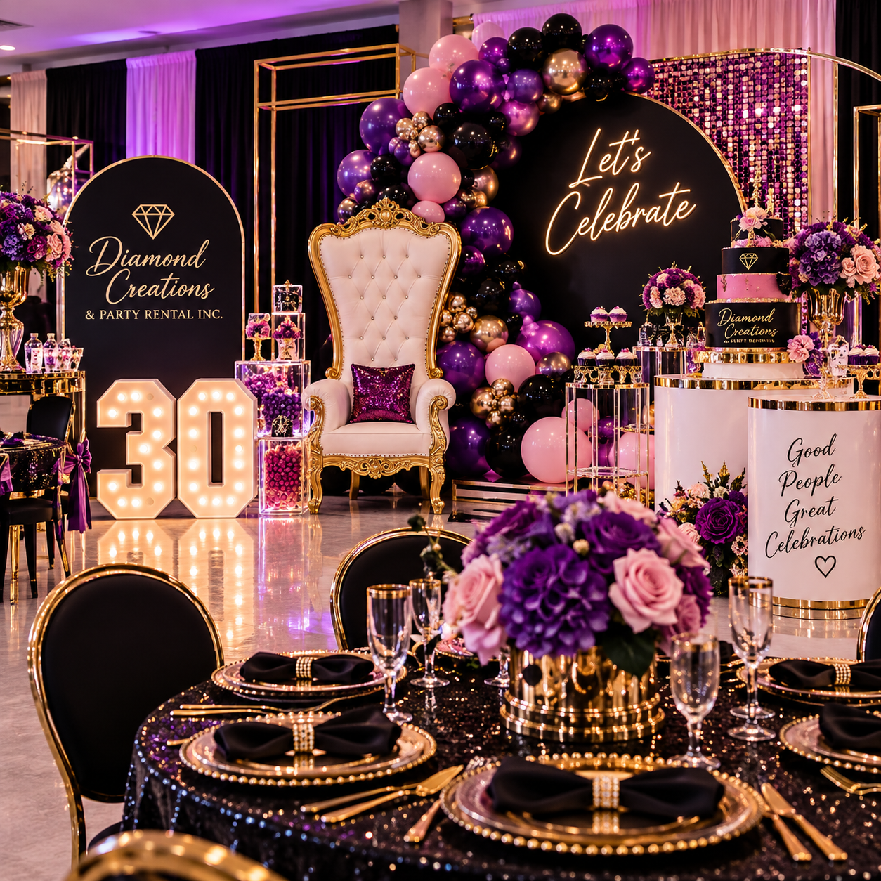 Decorated celebration event with gold, black, purple, and pink themes. Includes a large white throne, a backdrop with balloons in purple, black, gold, and pink, neon signs saying 'Let's Celebrate' and 'Good People Great Celebrations', and a table with floral centerpieces, black and gold table settings, and a cake with a diamond logo. Also features a light-up number display reading '30'.