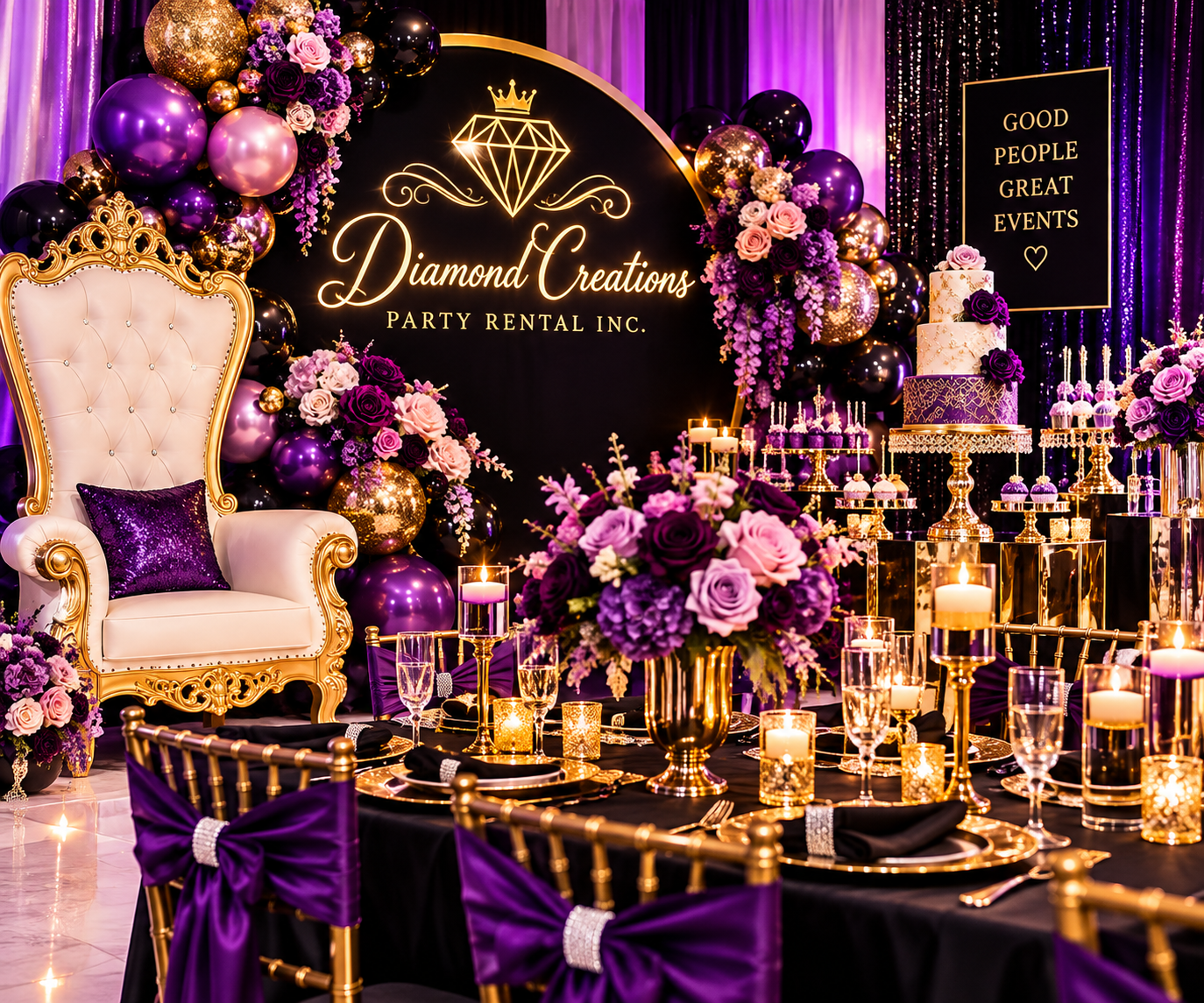 Elegant event setup with purple and gold decorations, a large black backdrop with gold lettering that reads 'Diamond Creations Party Rental Inc.' and a diamond logo, a white and gold throne chair, floral arrangements with purple, pink, and gold accents, a tiered cake with purple flowers, a table set with candles, glassware, and purple accents, and a sign that reads 'Good People Great Events'.