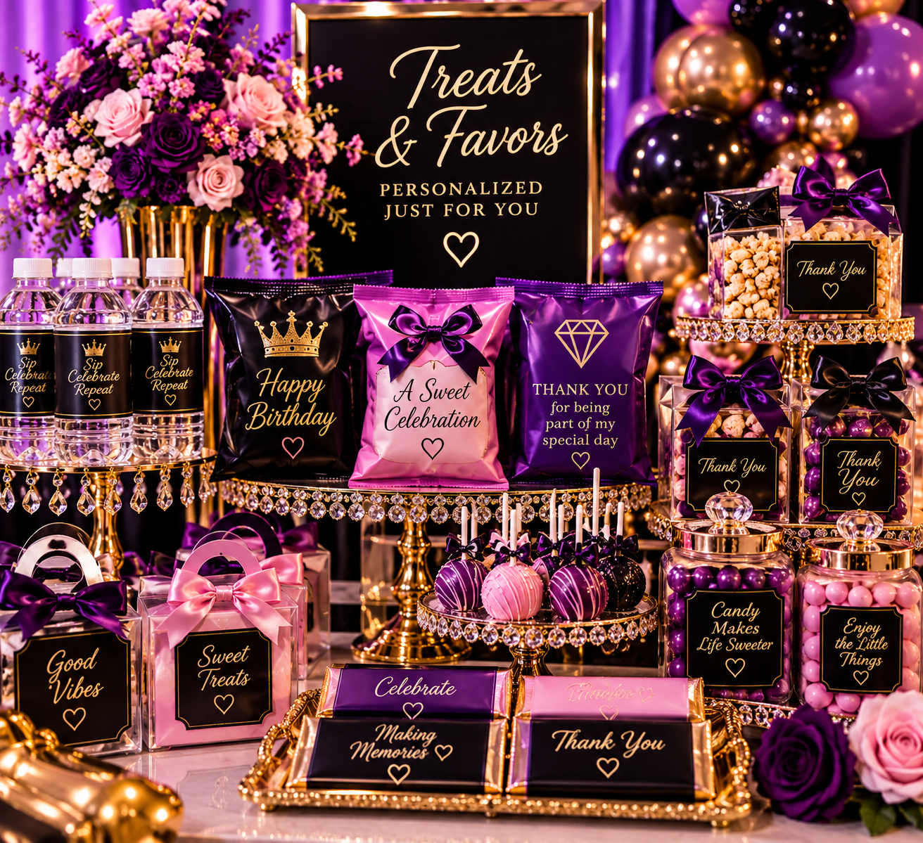 Decorative treat and favor table with pink, purple, and gold accents, featuring balloons, flower arrangements, and boxes of candies and snacks labeled with positive messages like "Good Vibes" and "Sweet Treats."