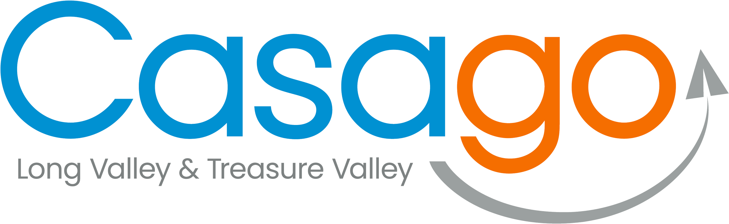 Logo for Casselglo, featuring the text 'Casselglo' with 'Cassa' in blue, 'glo' in orange, and a gray curved arrow. Below, the tagline reads 'Long Valley & Treasure Valley' in gray.