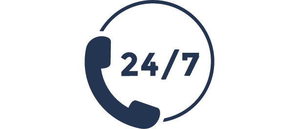 Icon of a telephone receiver with a 24/7 service indicator.