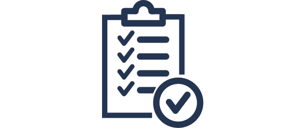 Icon of a clipboard with checkmarks and a large checkmark in a circle in front of it.
