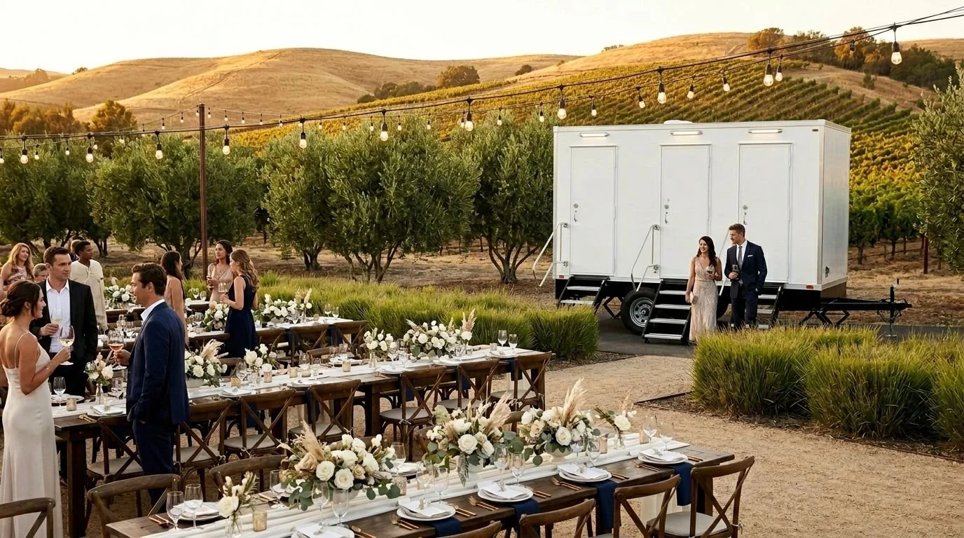 Wedding reception outdoors with tables decorated with white flowers and candles, guests mingling, and a bride and groom standing on a mobile stage near vineyard hills.