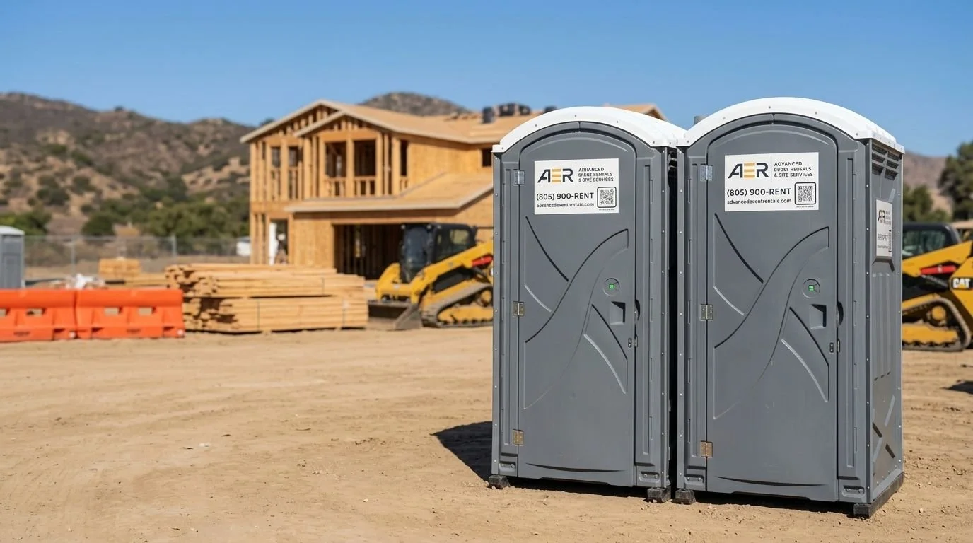 Two portable toilets on a construction site with a house under construction in the background. Construction materials and equipment are visible around.