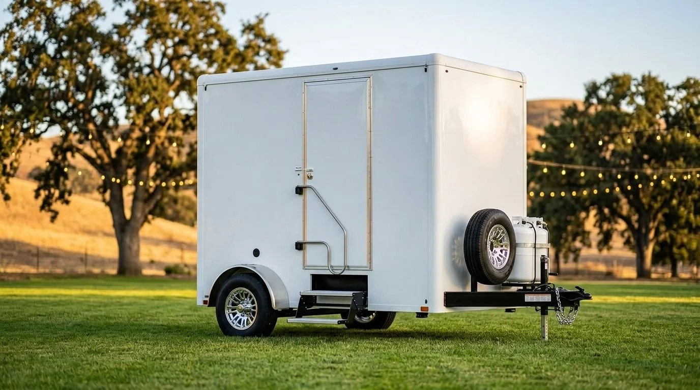 A white enclosed trailer with a spare tire mounted on the front, parked on a grassy field with trees and string lights in the background.