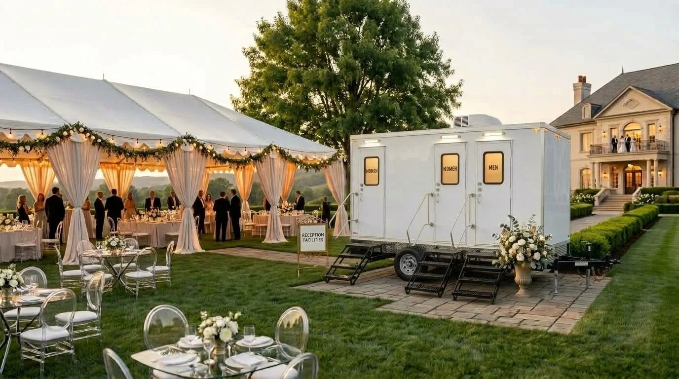 Outdoor wedding reception area with a large tent decorated with string lights and flowers, surrounded by tables with elegant white and glass chairs, a food and restroom trailer, and a large house in the background.