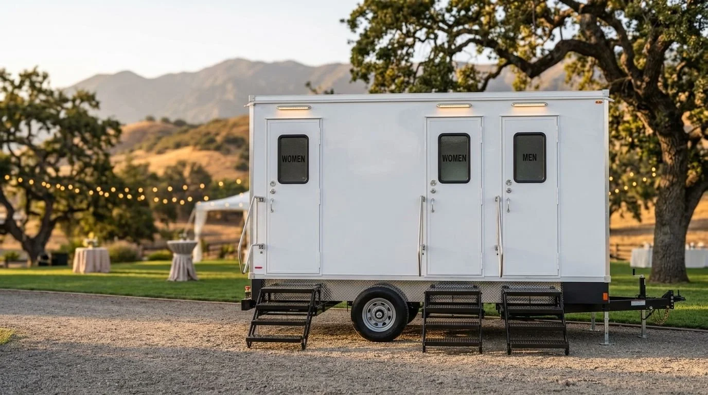 Mobile restroom trailer with separate doors labeled for women and men, set up outdoors with a rural landscape, trees, and mountains in the background, during dusk or early evening.