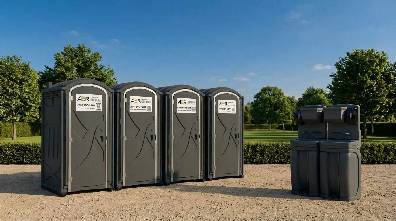 Four portable toilets and two trash bins are set up outdoors on a dirt surface, with green bushes and trees in the background under a clear blue sky.