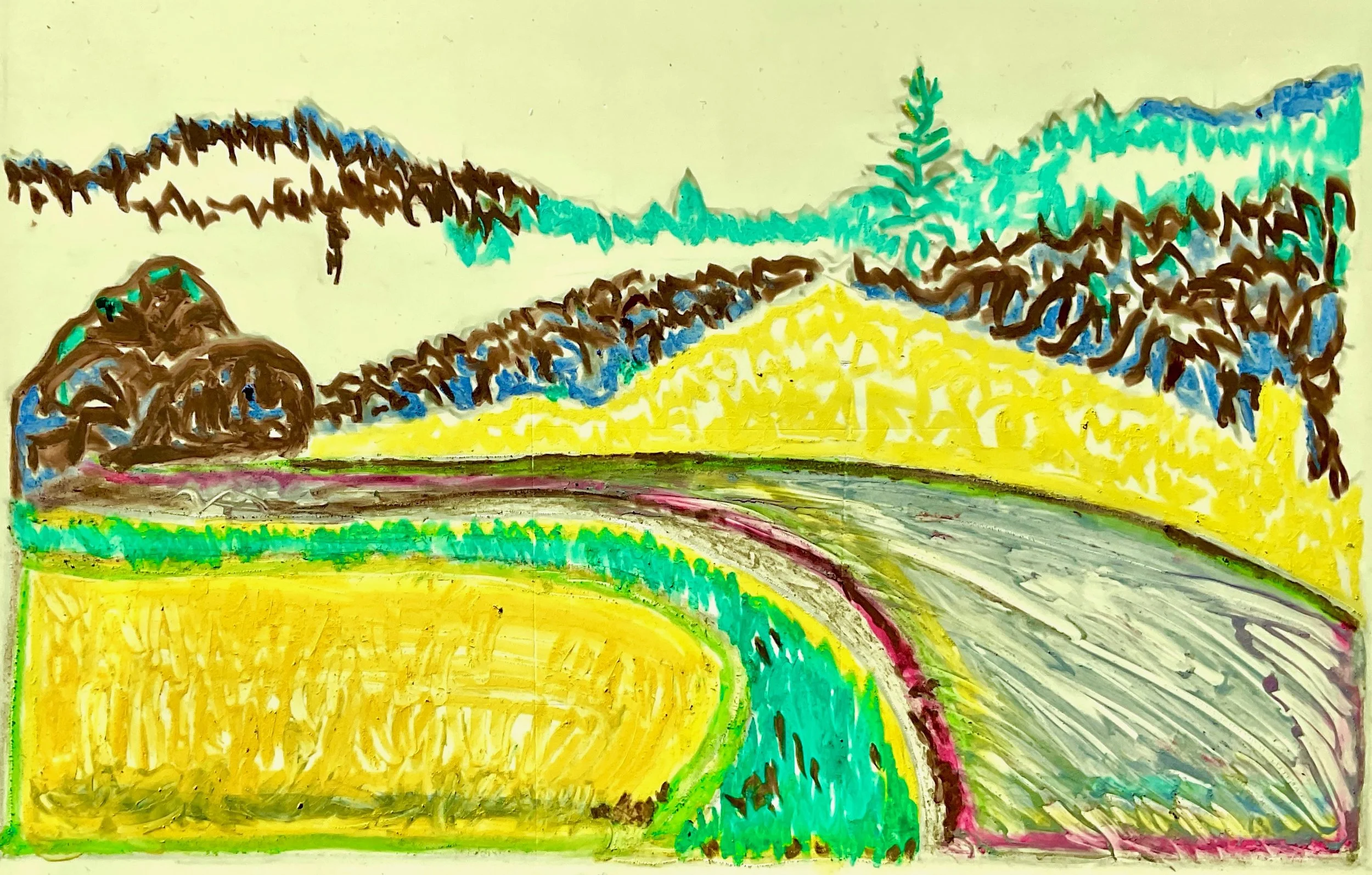 A colorful, childlike drawing of a landscape with green trees, hills, and a yellow field, created with markers or crayons.