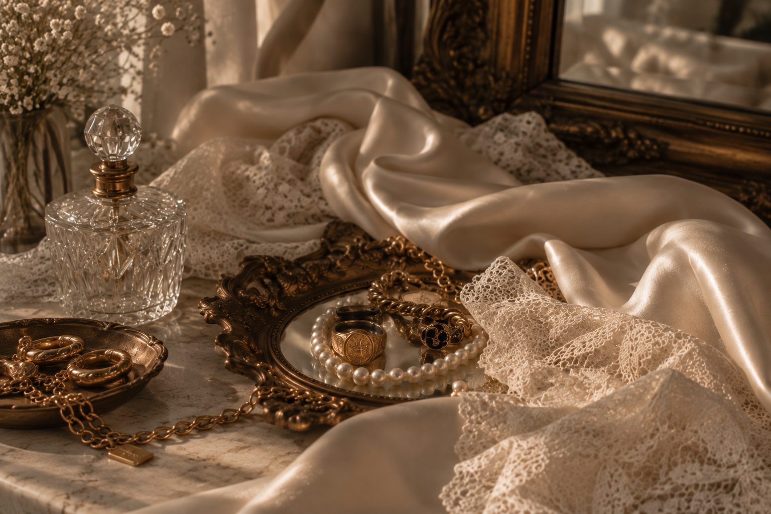 Decorative vanity table with jewelry, lace fabric, a glass perfume bottle, a framed mirror, and a vase with flowers.