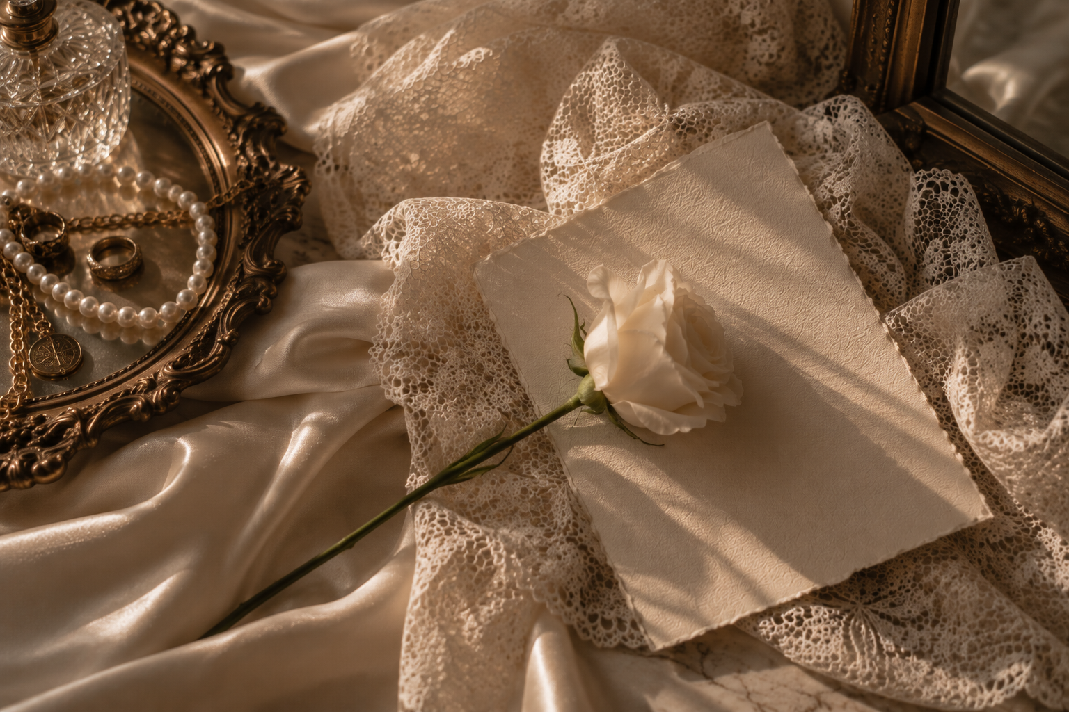 A white rose resting on an ornate book, surrounded by lace fabric, a mirror, and jewelry including pearls and rings, all arranged on satin fabric.