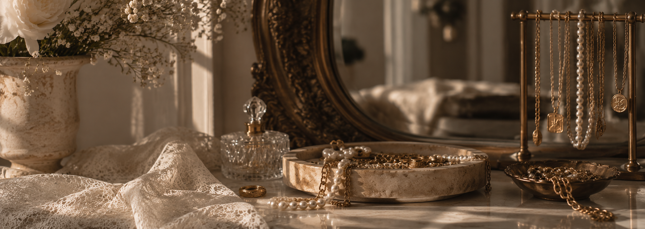 A vintage vanity table with jewelry including pearl necklaces, gold chains, and rings, a decorative mirror, a lace fabric, and a flower arrangement in a ceramic vase.