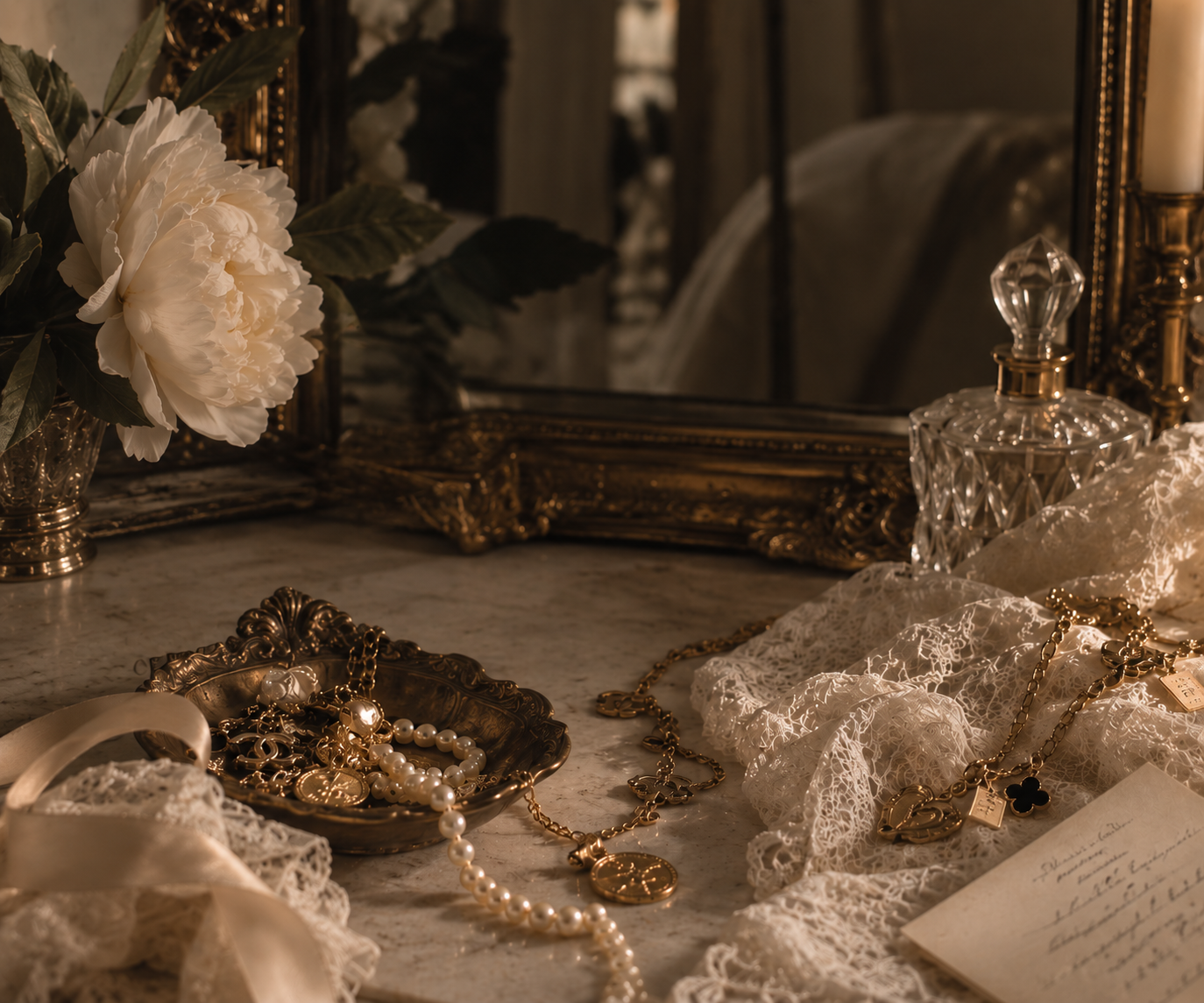 An ornate vanity table with a mirror, decorated with jewelry including pearls and gold chains, a lace cloth, a handwritten letter, a glass perfume bottle, and a vase of white peonies, all in a vintage style.