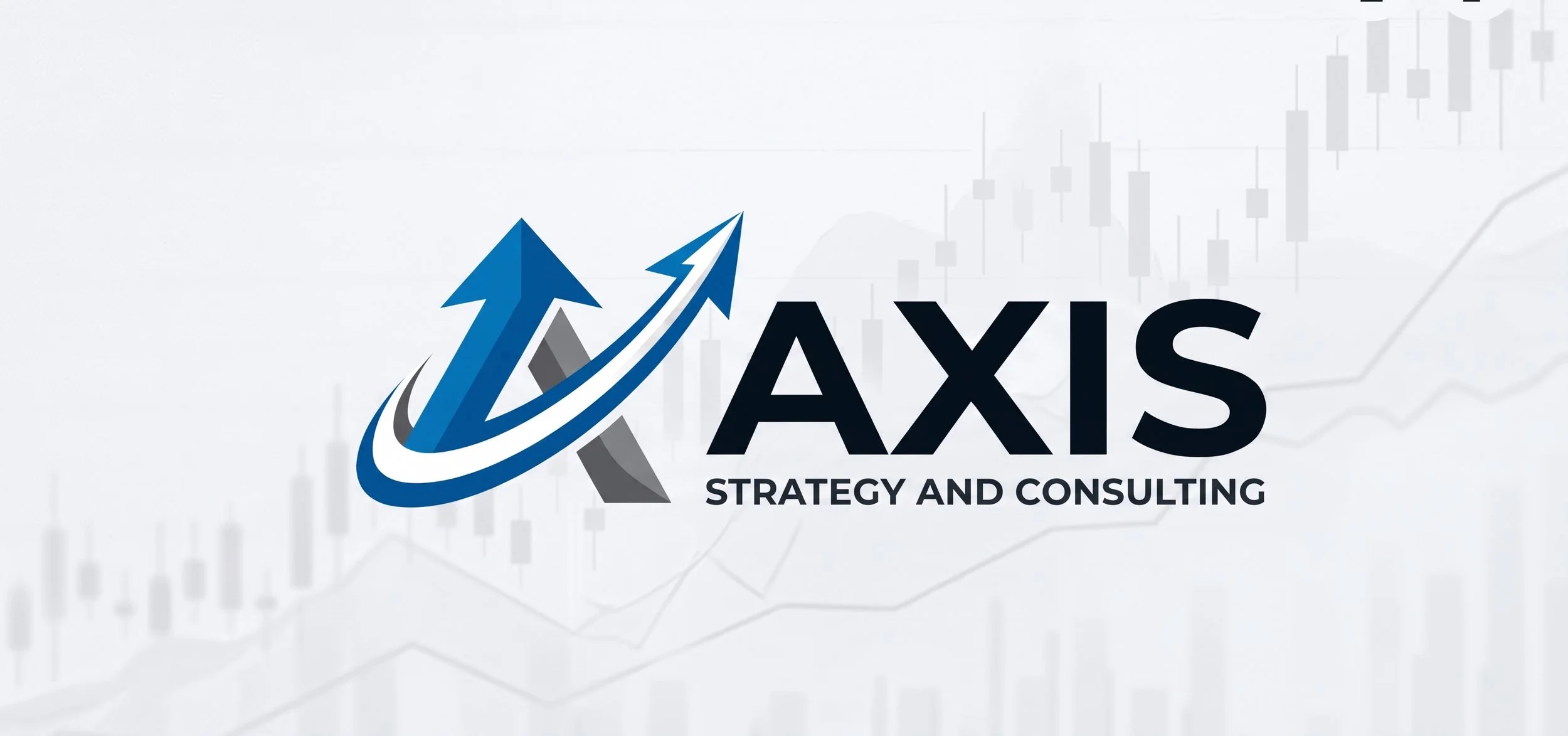 Logotipo de AXIS Strategy and Consulting con flechas ascendentes y fondo con gráficos de bolsa