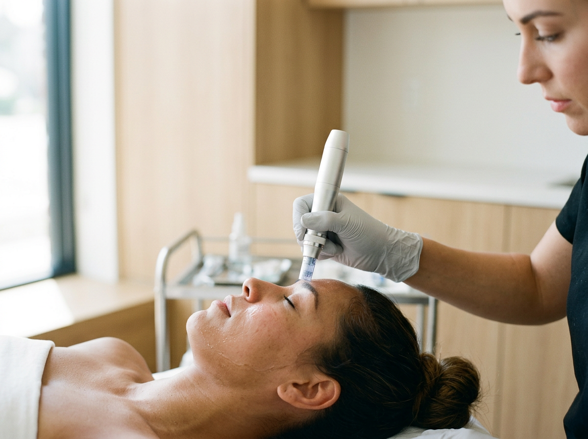 A woman receiving a micro needling and microchanneling with a handheld device in a spa or clinic setting. For Keita Beauty in Halifax Nova Scotia Canada for skincare and facial services