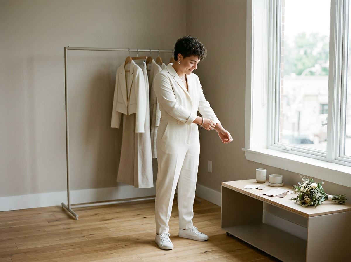 A woman in white pajamas stands by a window, adjusting her sleeve. Behind her, a clothing rack holds several white and cream-colored garments. On a table near the window, there is a bouquet of flowers, three cups, and some folded fabric or napkins.