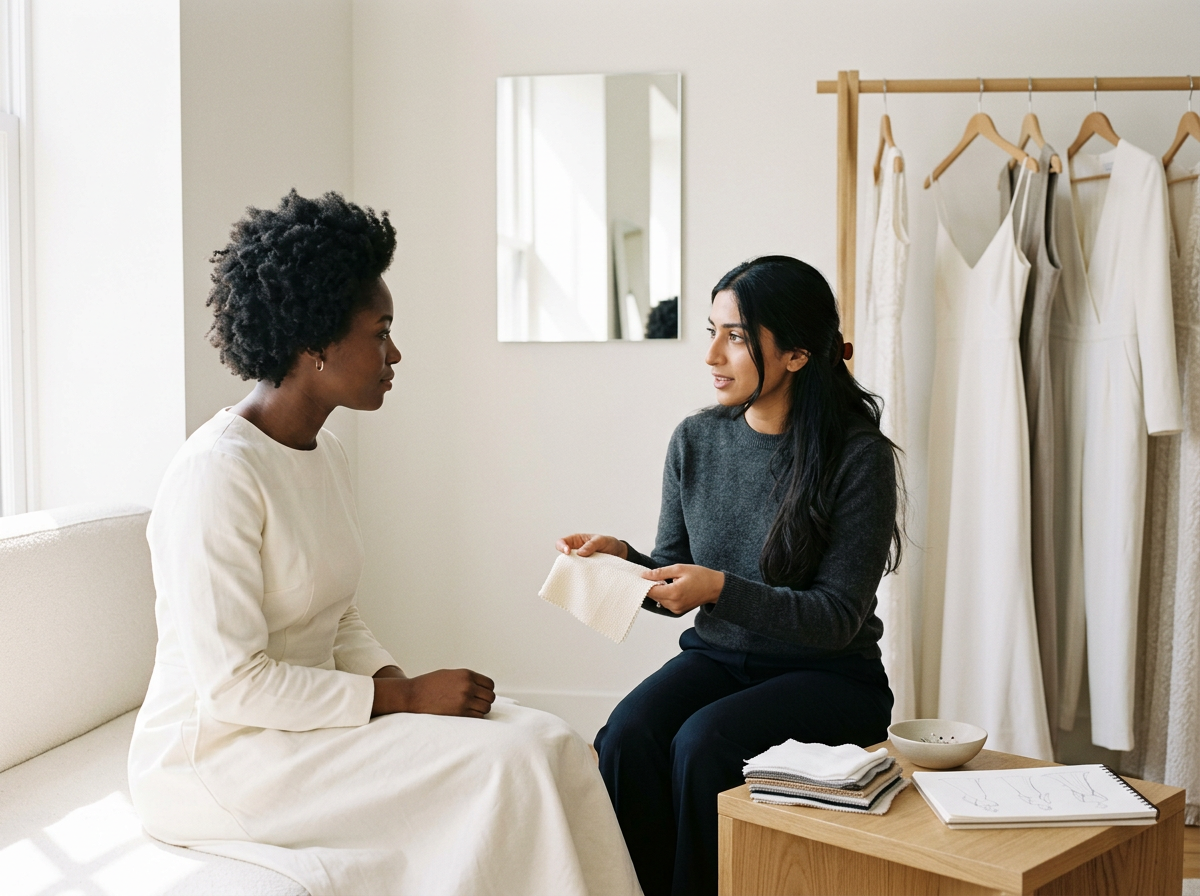 Two women having a conversation in a fitting room or boutique. One woman is sitting on a white bench, and the other woman is showing her fabric swatches. Holistic Bridal Journey at Keita Beauty in Halifax, Nova Scotia Canada.