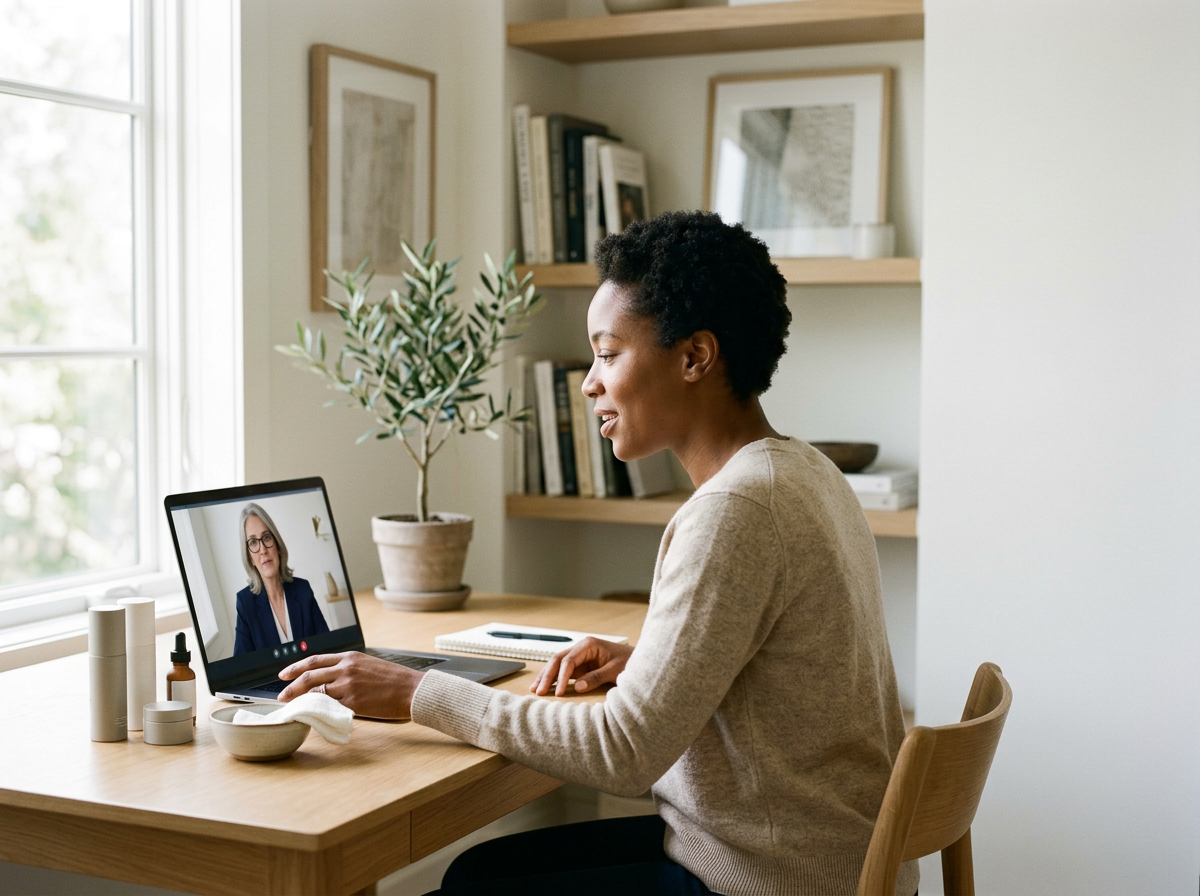 Woman having a virtual skincare consultation at home, sitting at a wooden desk with plants, books, and decorative items nearby. For Keita Beauty in Halifax Nova Scotia Canada for skincare and facial services