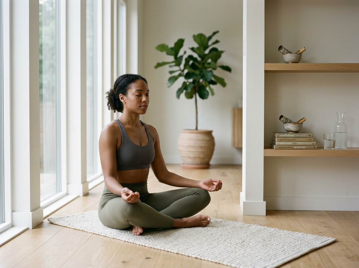 A woman practicing yoga in a bright, minimalist room, sitting cross-legged on a beige rug with her eyes closed and hands resting on her knees. For Keita Beauty in Halifax Nova Scotia Canada for skincare and facial services