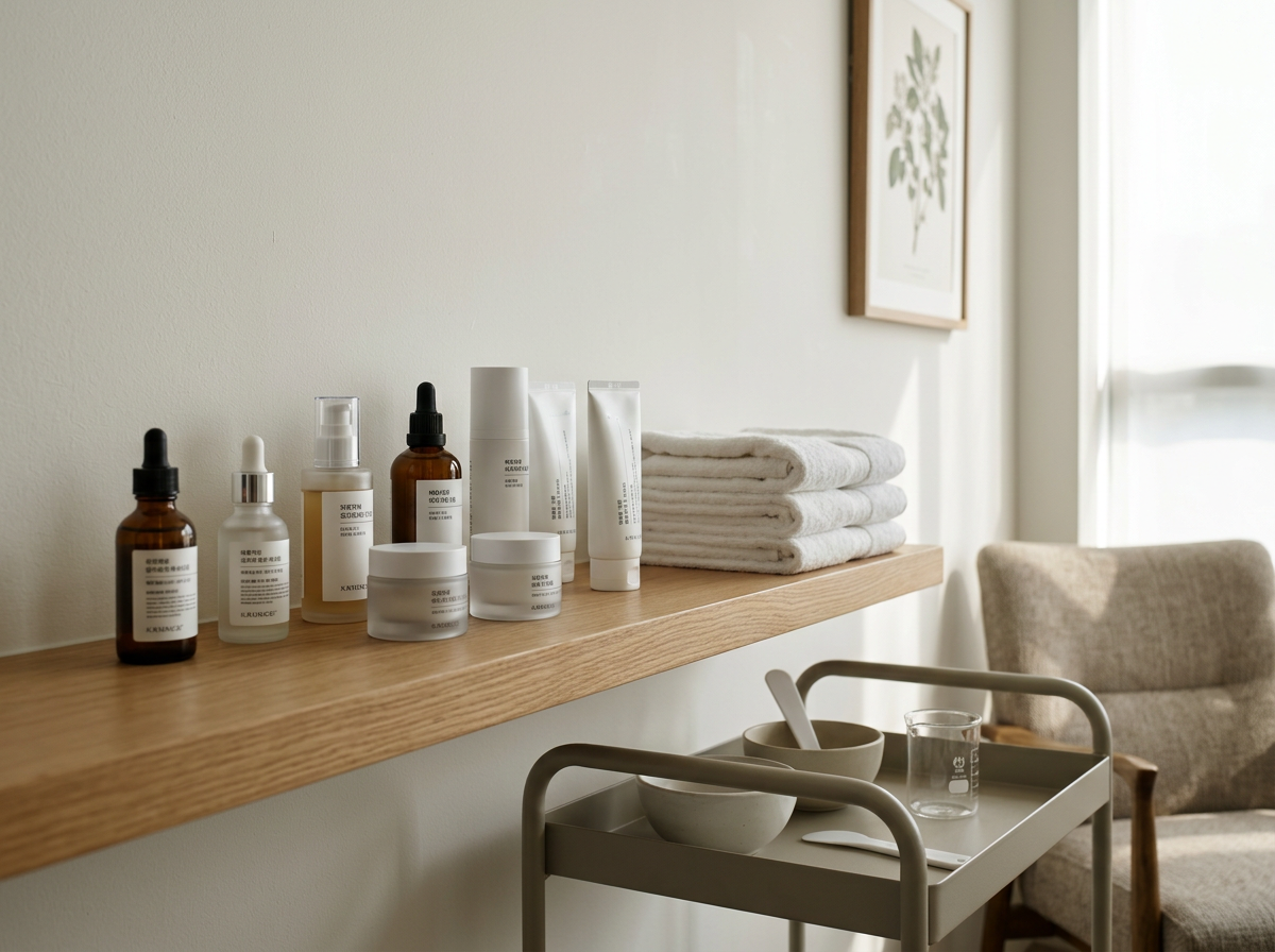 Facial room with Korean skincare products, folded white towels, a chair, and a small table with bowls and a glass of water. For Keita Beauty in Halifax Nova Scotia Canada for skincare and facial services