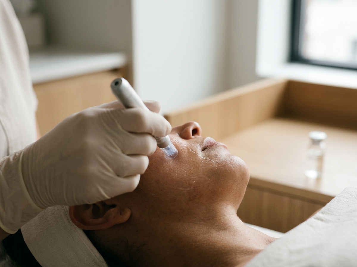A woman receiving a micro needling and microchanneling with a handheld device in a spa or clinic setting. For Keita Beauty in Halifax Nova Scotia Canada for skincare and facial services