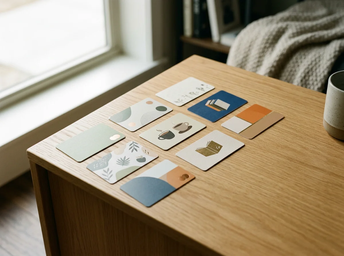A wooden table holding ten illustrated cards with abstract and minimalist designs, including coffee mugs, books, and nature scenes. Gift Cards For Keita Beauty in Halifax Nova Scotia Canada for skincare and facial services
