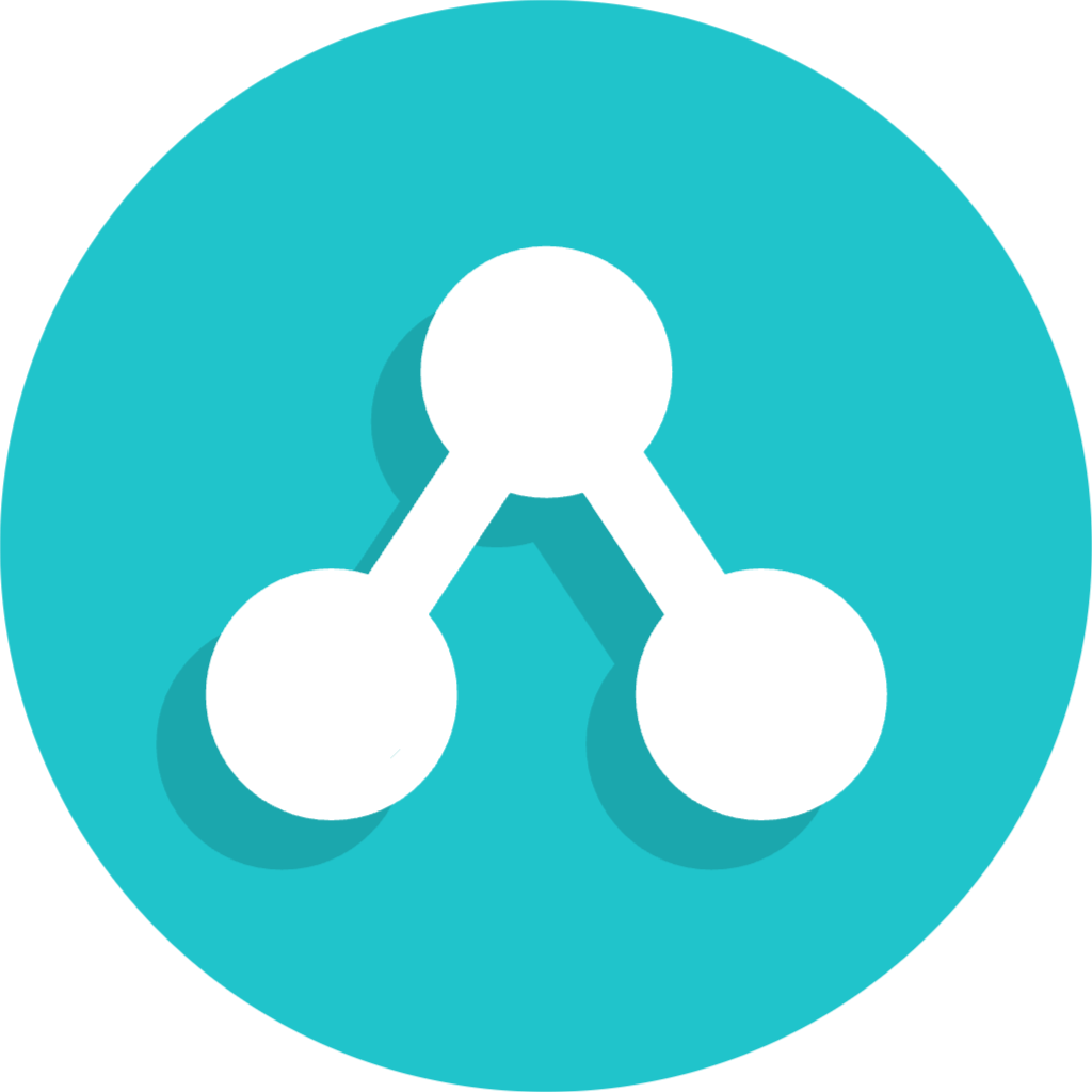 Icon of three connected white circles representing a connection, on a blue circular background.