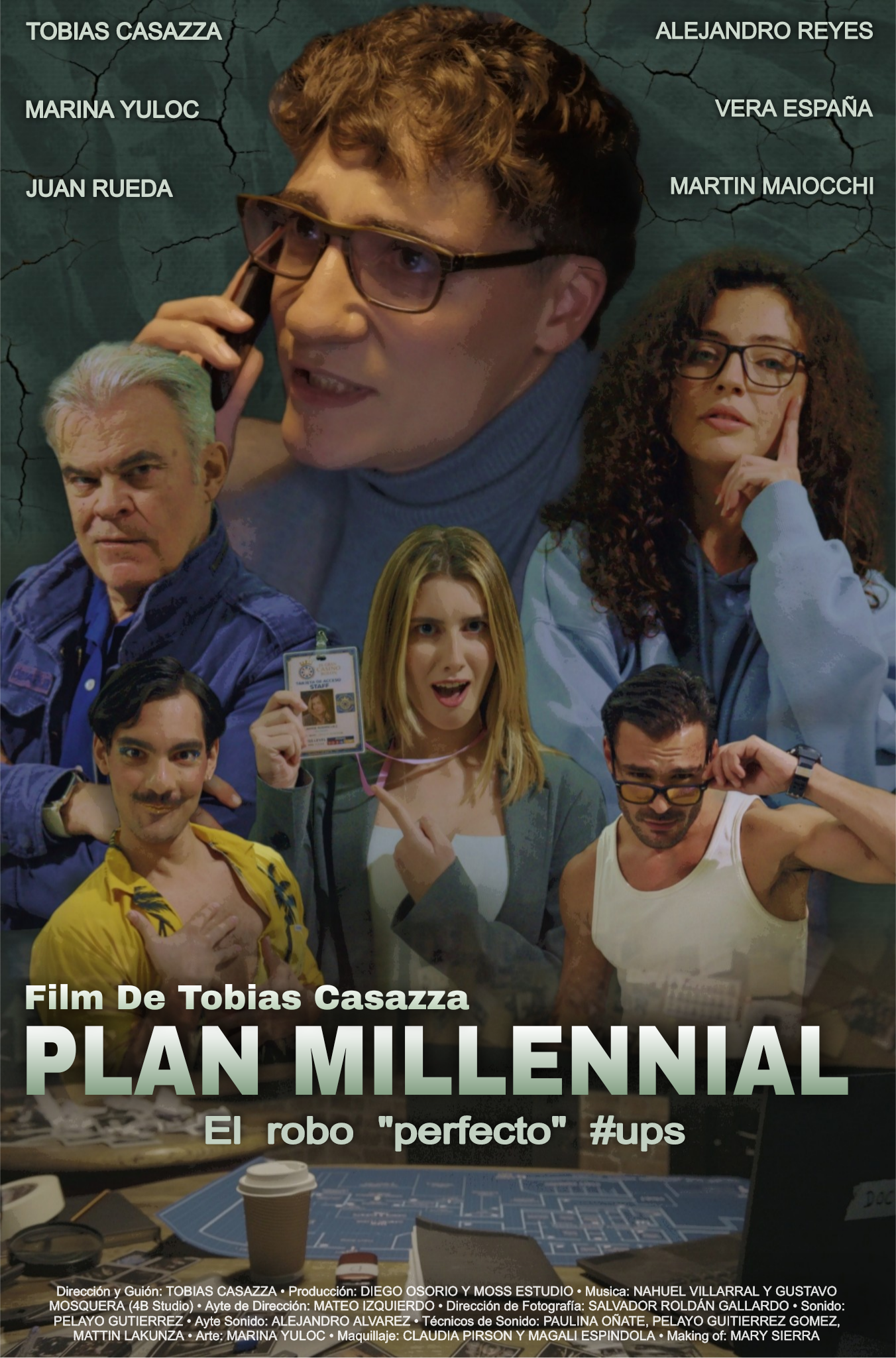 Cartel de la película 'Plan Millennial' dirigida por Tobías Casazza con varias personas en escena, algunas con vestimenta escolar o casual, y un fondo que simula un muro agrietado.