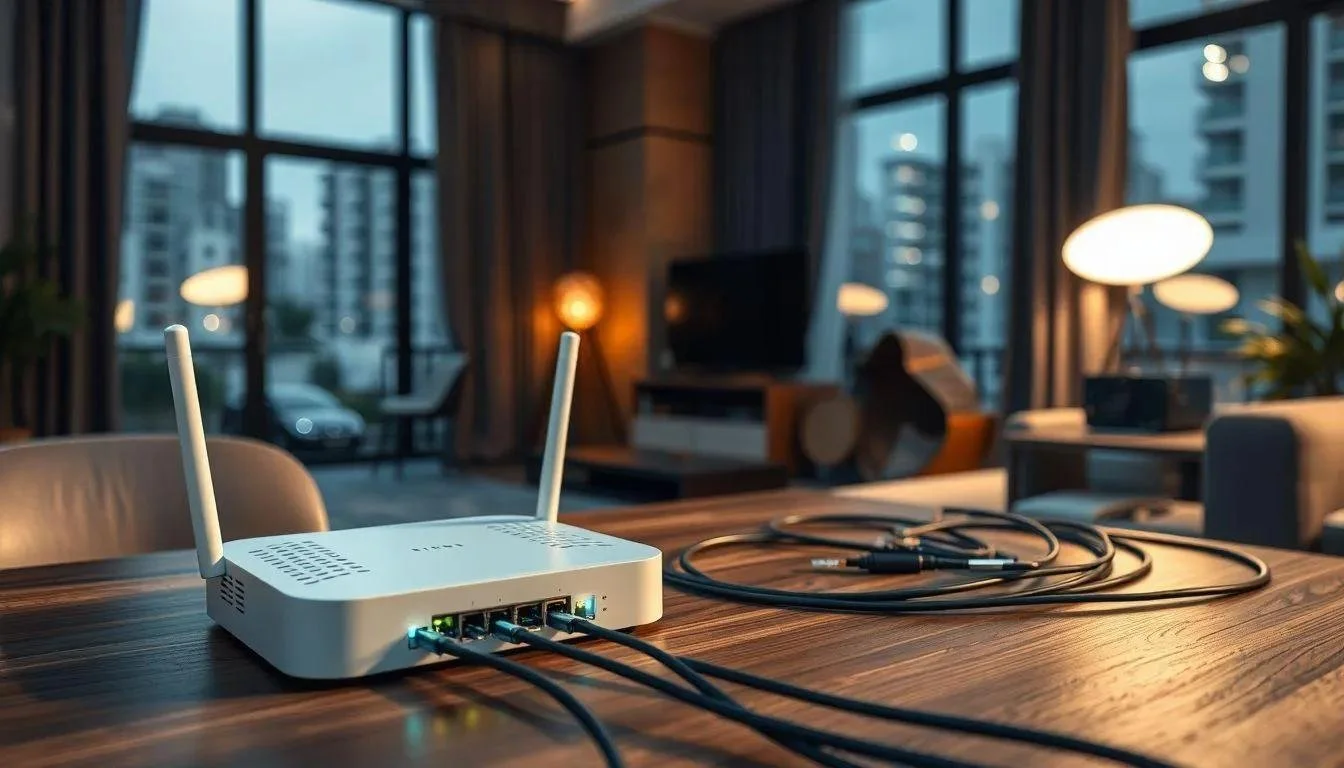 Wireless router with antennas on wooden table, ethernet cables nearby, in a modern apartment with large windows and city view.