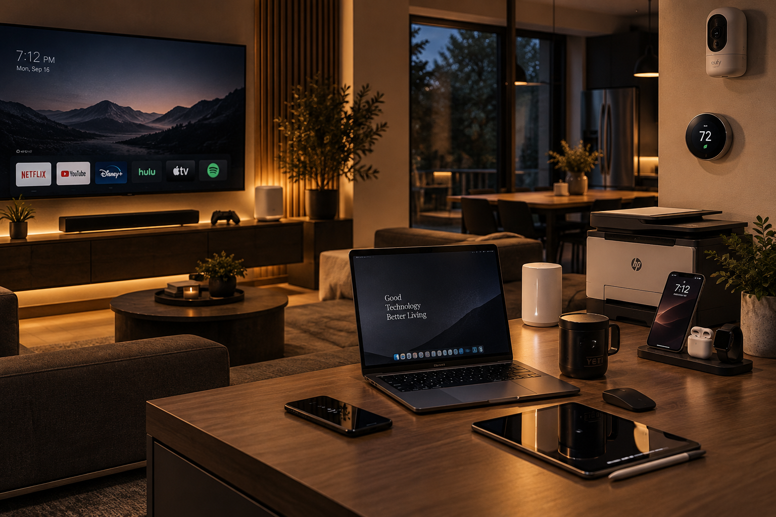 Modern living room with a large flat-screen TV displaying streaming service icons, a laptop on a wooden desk, a smartphone, a tablet, and various smart home devices including a thermostat and security camera, with a cozy and stylish interior.