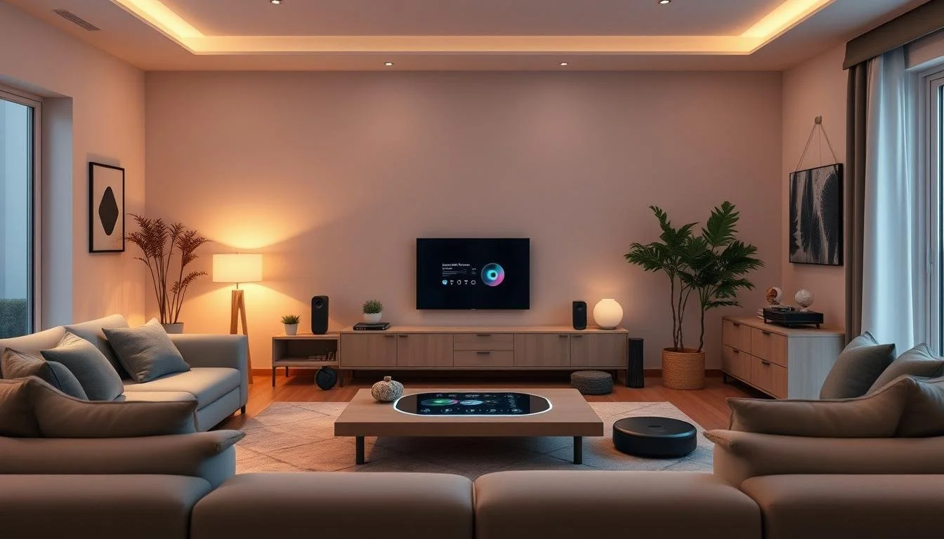 A modern living room with beige sofas, a wooden coffee table, a large TV on a wooden cabinet, potted plants, and soft lighting.