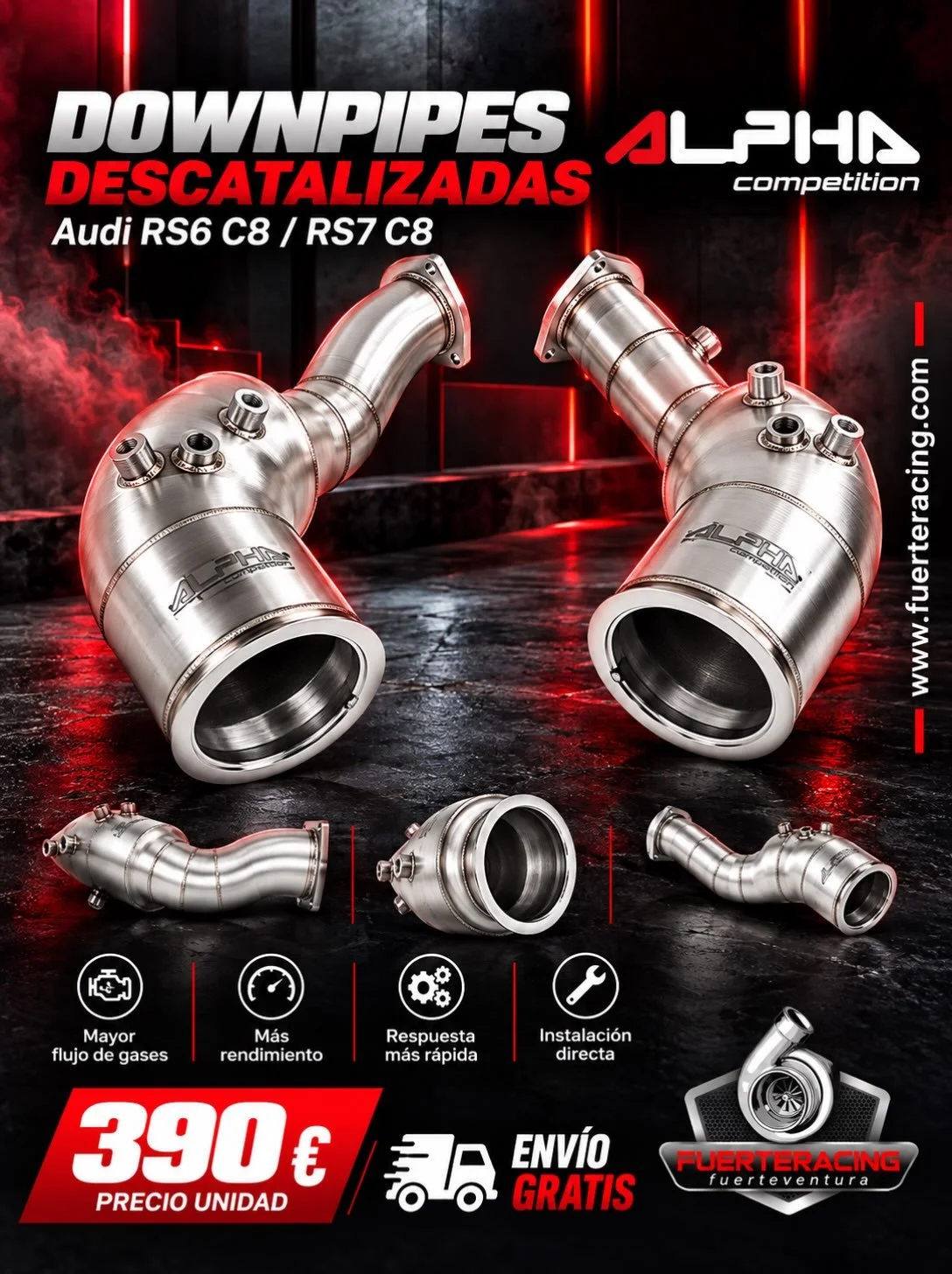 DOWNPIPES ALPHA COMPETITION PARA AUDI RS🏁

Lleva el rendimiento de tu Audi al siguiente nivel con los downpipes descatalizados Alpha Competition, dise&ntilde;ados para los Audi RS6 C8 y RS7 C8. Una opci&oacute;n para quienes buscan optimizar el fluj