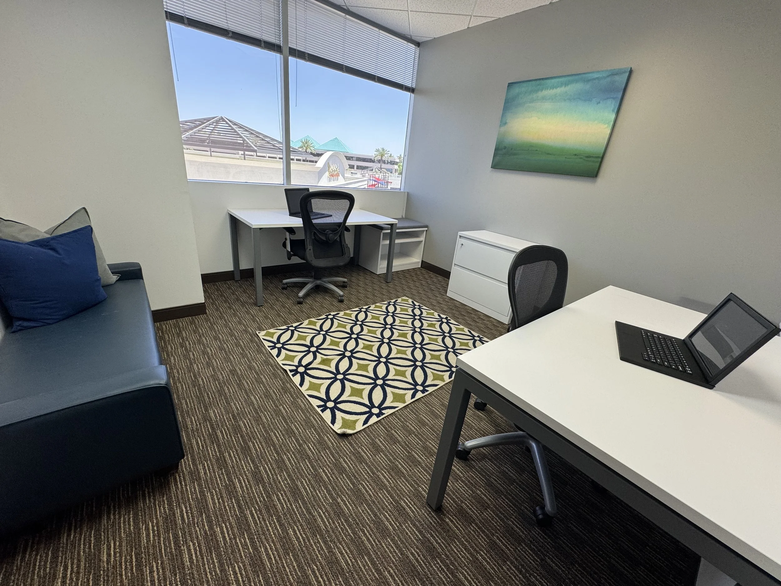 An office space with two desks, chairs, a couch with cushions, a colorful rug, a large window with blinds showing a building with a triangular roof and palm trees outside, and a painting on the wall with green and blue hues.
