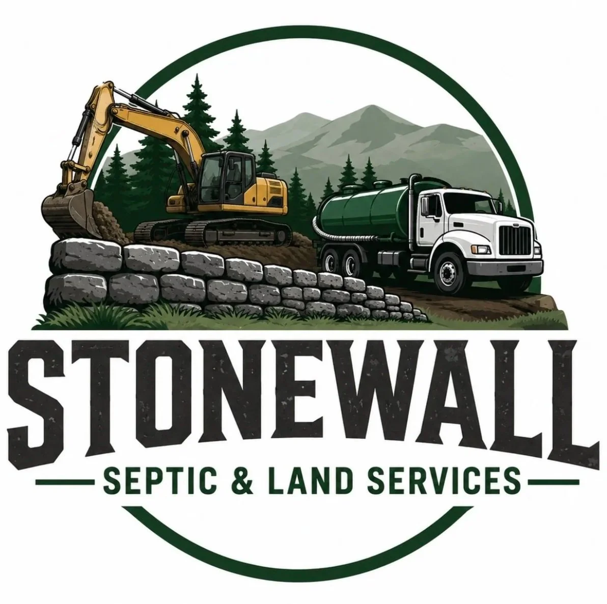 Logo for Stonewall Septic & Land Services featuring a yellow excavator on a stone wall and a green and white septic truck in a natural landscape with mountains and trees in the background.