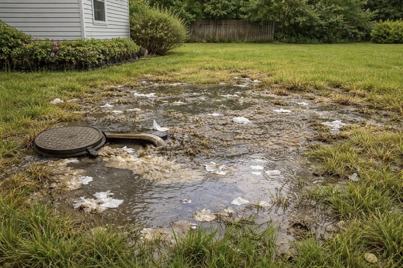 Yard with a flooded area, water and debris near a house, with grass and a wooden fence in the background.