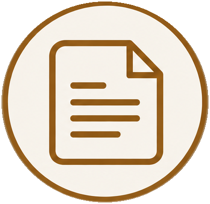 Icon of a document or paper with lines of text on a brown circular background.