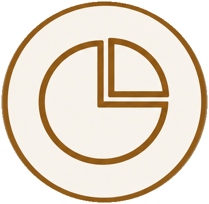 A pie chart illustration with brown lines in a white circle on a brown background.