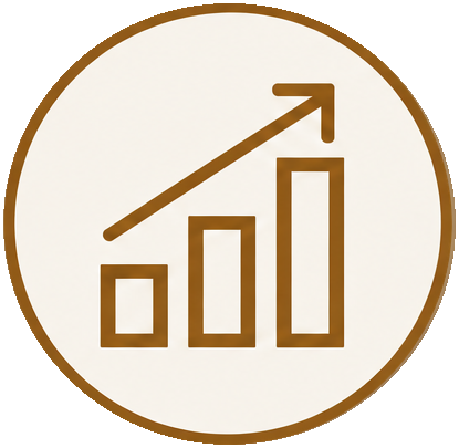 A graph with three bars increasing in height, an upward arrow, and a brown and beige color scheme.