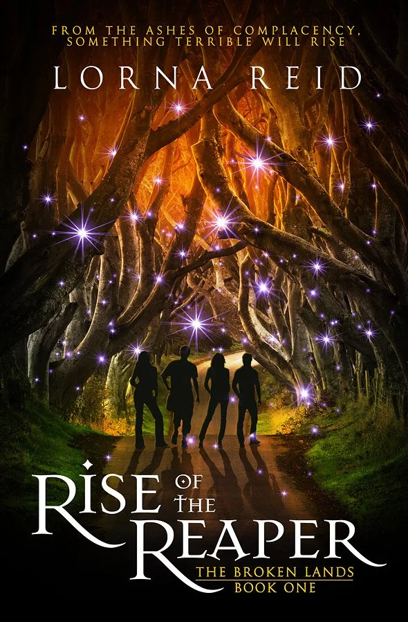 Book cover showing silhouettes of four people walking along a forest path surrounded by massive, twisted trees with glowing purple stars or fireflies. Title 'Rise of the Reaper' by author Lorna Reid.