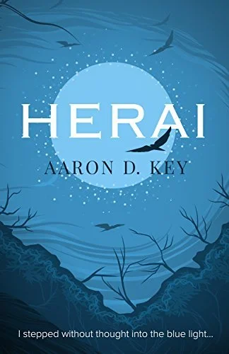 Book cover titled 'Herai' by Aaron D. Key with a blue moonlit night scene, birds flying, and bare trees.